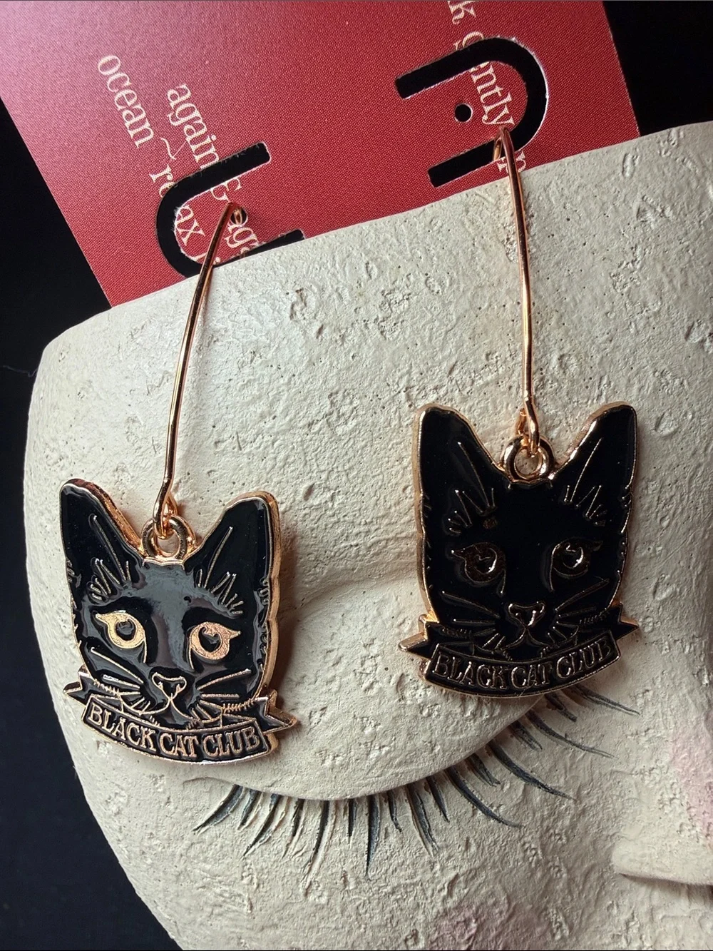 Black Enamel Cat Face Dangle Earrings - Rose Gold